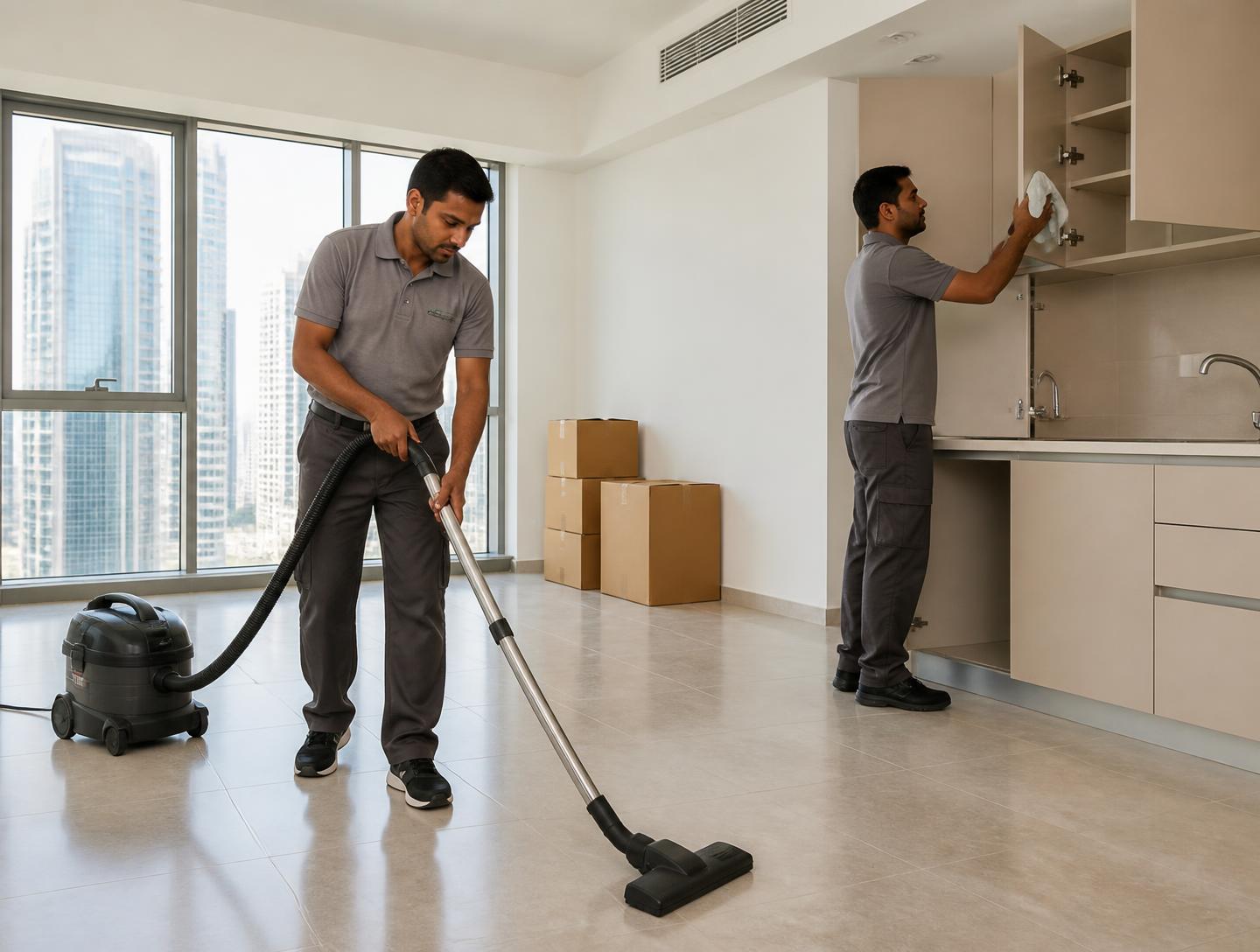 Cleaners vacuuming floors and wiping empty cabinets in an apartment before handover