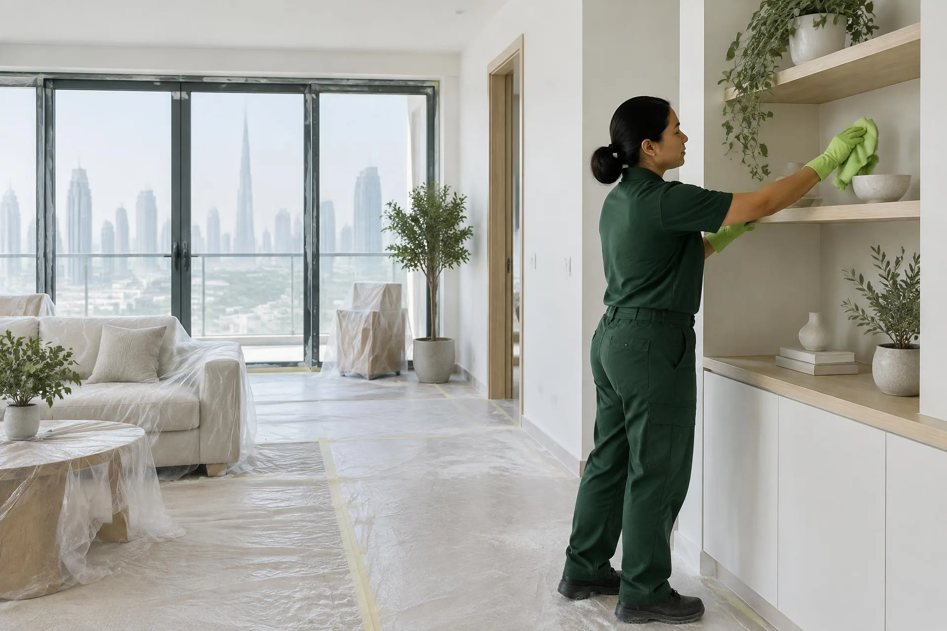 Cleaner wiping shelving in a room prepared for cleaning after renovation