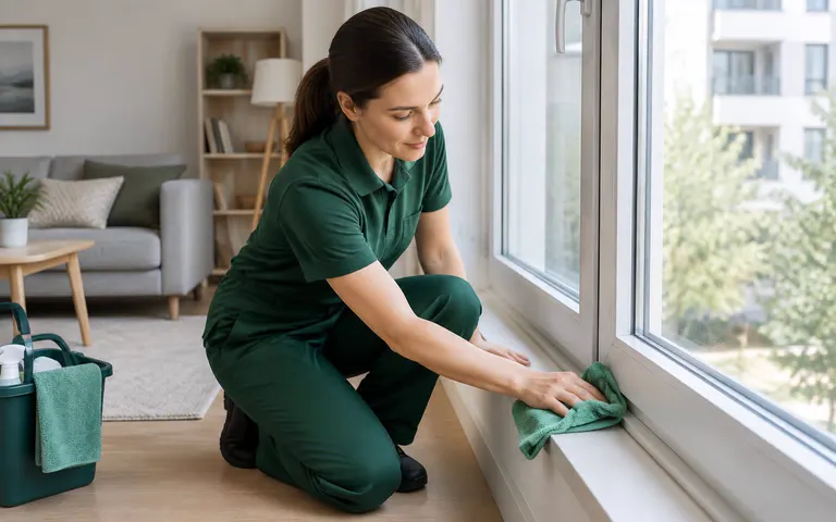 Cleaner wiping window frames in a renovated apartment