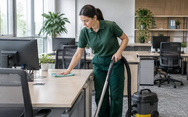 Cleaner removing dust from an office after fit-out