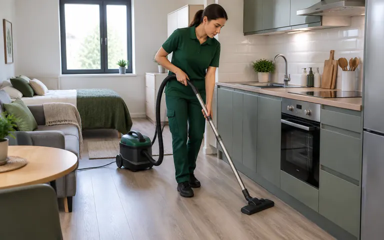Cleaner vacuuming the floor of a newly finished studio