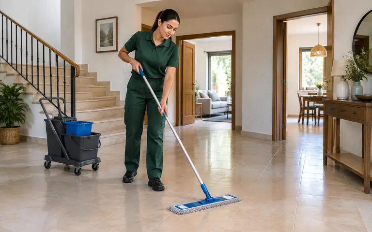 Cleaner cleaning the floor of a renovated villa