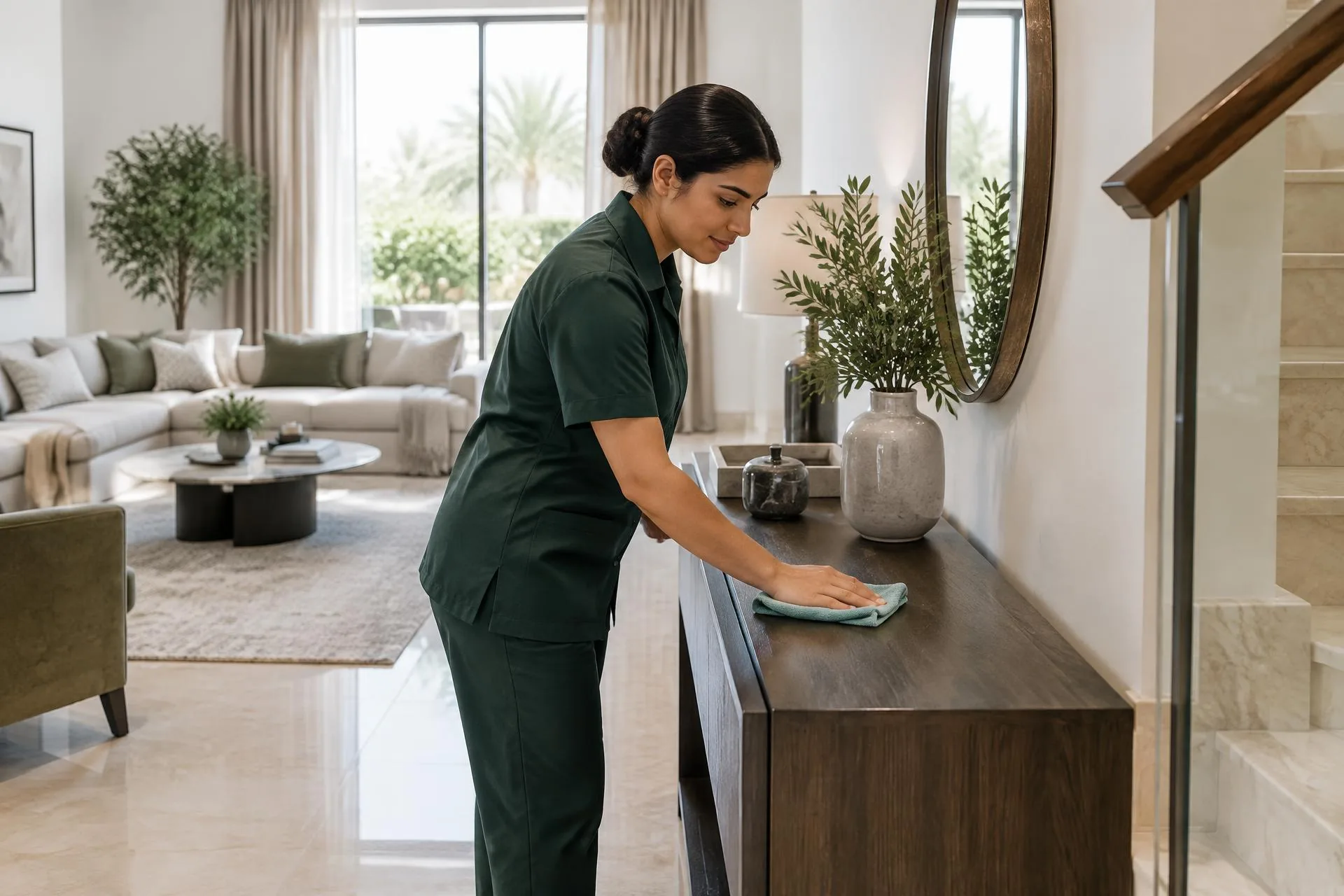 Cleaner wiping a console table in a villa living room