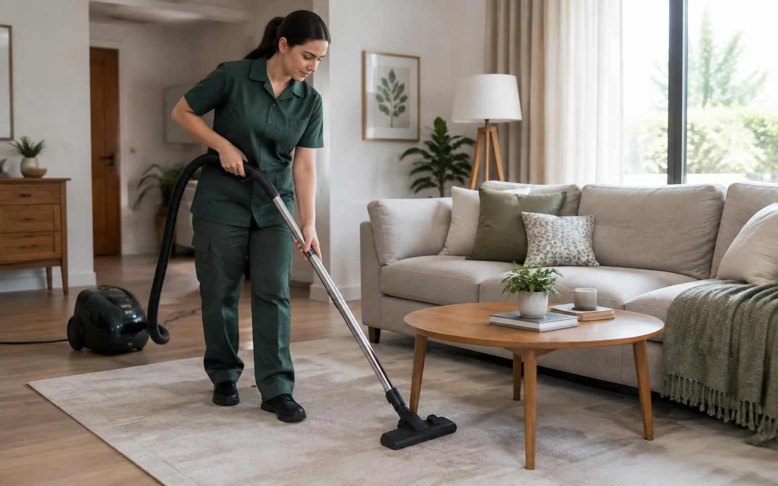 Cleaner vacuuming a living room floor